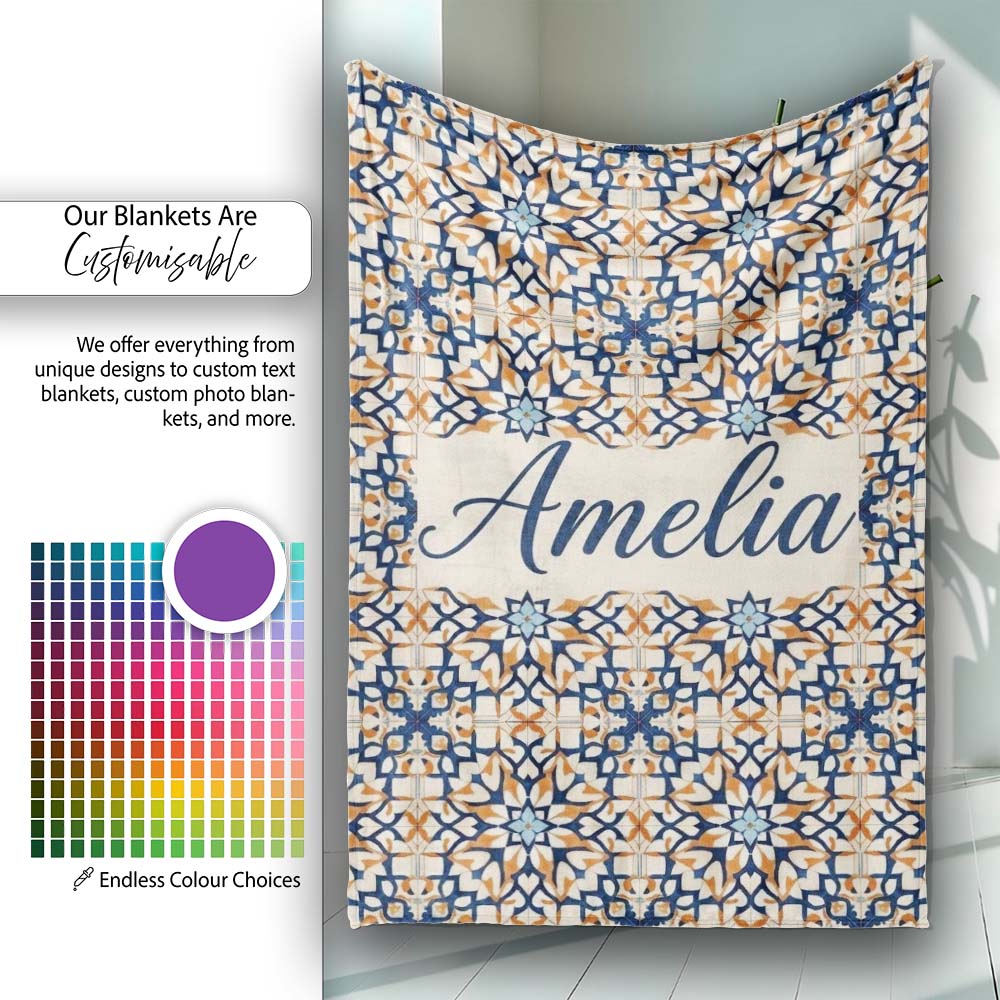 Ornate Moroccan Blue Orange Tile Pattern Seamless Name Cute Unique Personalised Custom Name Super Soft Fleece Blanket Bed Sofa Throw
