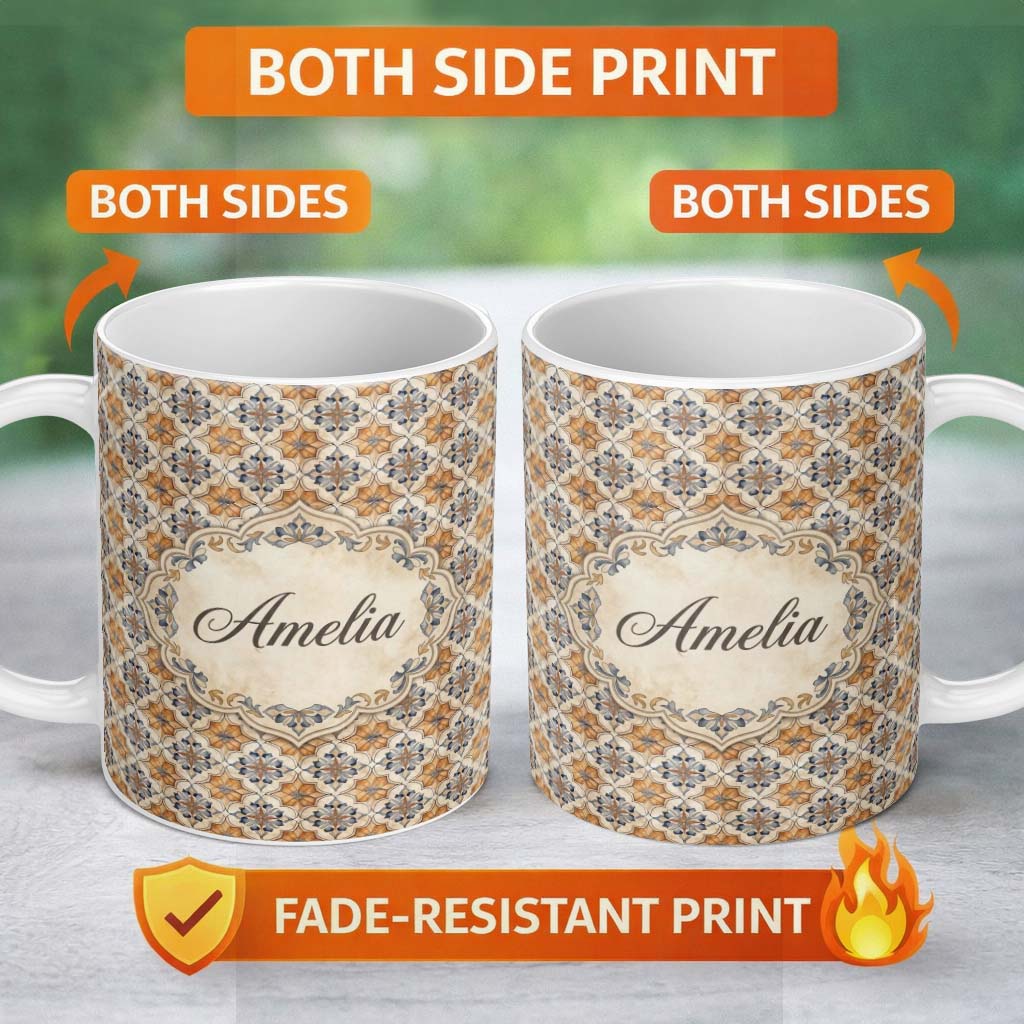 Personalized Custom Name Vintage Blue Beige Ceramic Tile Floral Pattern Seamless Name Cute 11oz Ceramic Coffee Tea Mug White Large Handle