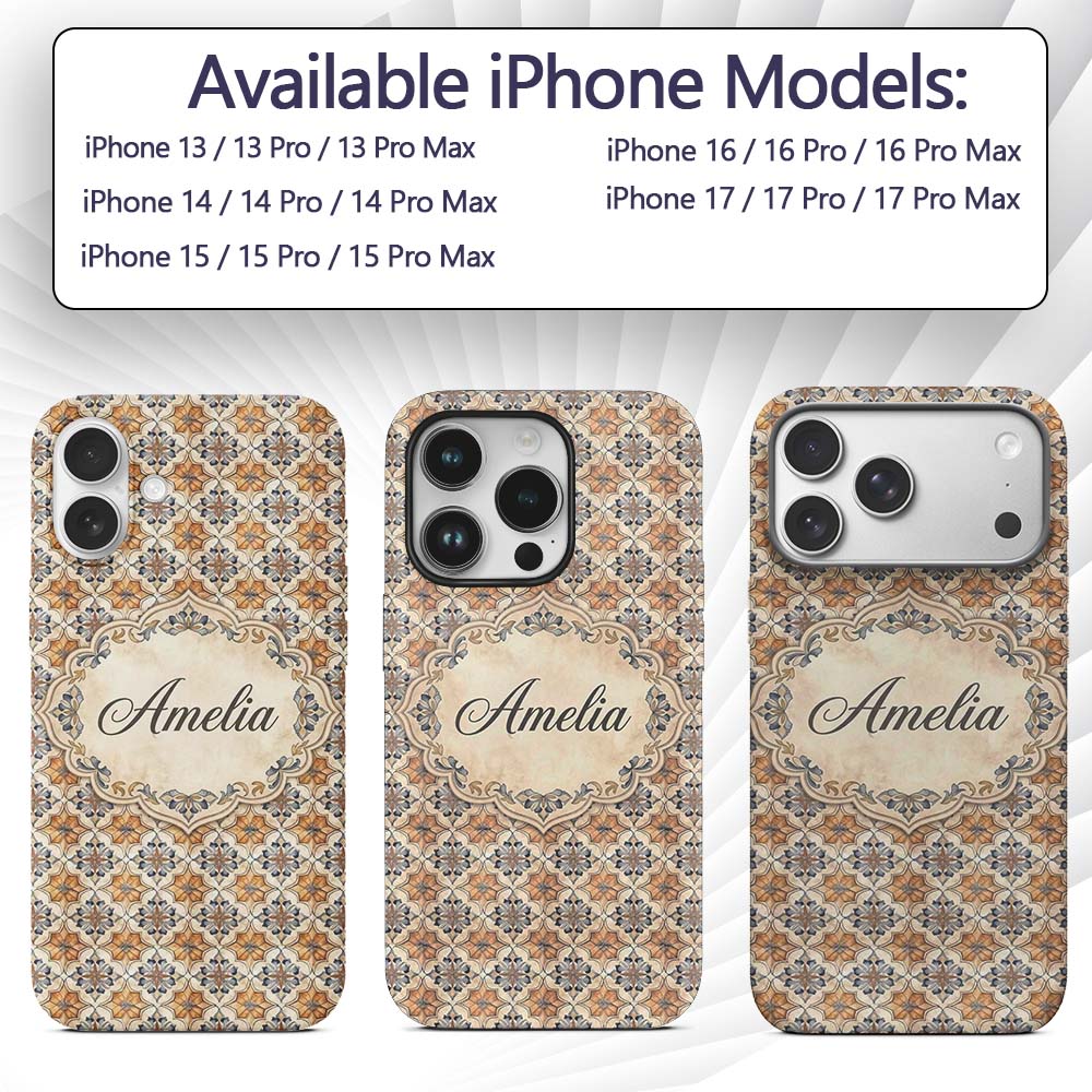 Vintage Blue Beige Ceramic Tile Floral Pattern Custom Name Protective Phone Case Mobile Cover Durable Everyday Smartphone Shock Resistant