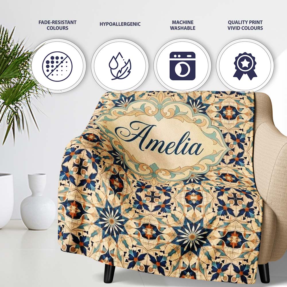 Intricate Moroccan Star Tile Blue Beige Pattern Seamless Name Cute Personalised Custom Name Super Soft Fleece Blanket Bed Sofa Throw