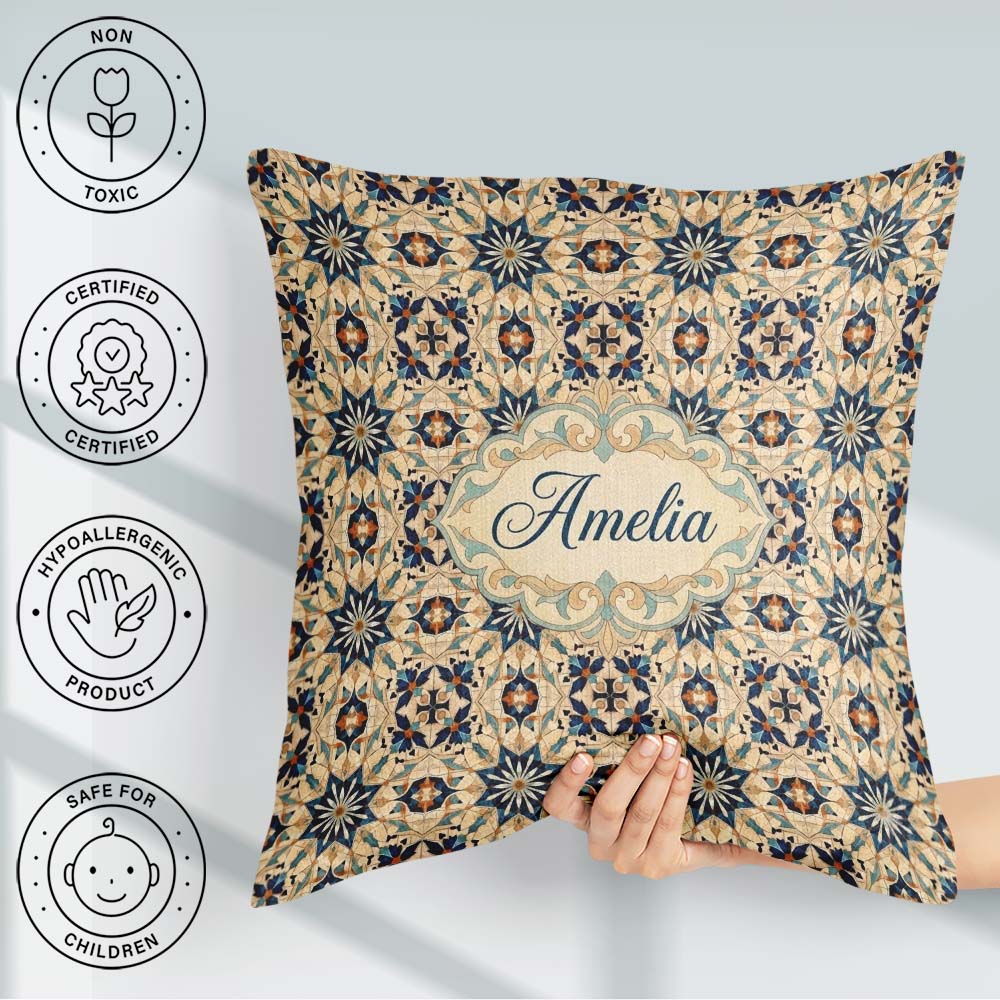 Custom Name Intricate Moroccan Star Tile Blue Beige Pattern Name Square Filled Cushion Throw Pillow Sofa Bed Home Decor Zip Washable UK Made