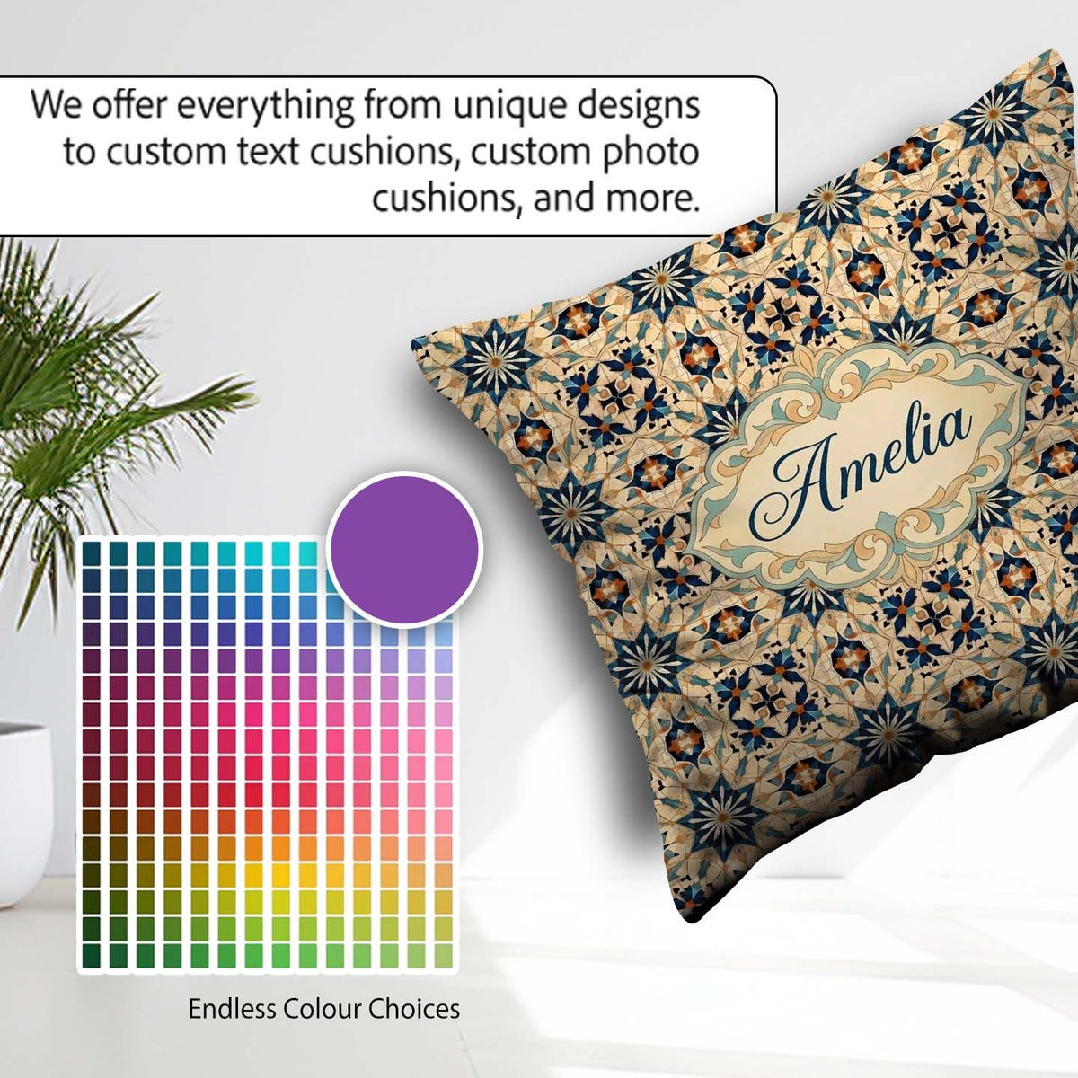 Custom Name Intricate Moroccan Star Tile Blue Beige Pattern Name Square Filled Cushion Throw Pillow Sofa Bed Home Decor Zip Washable UK Made
