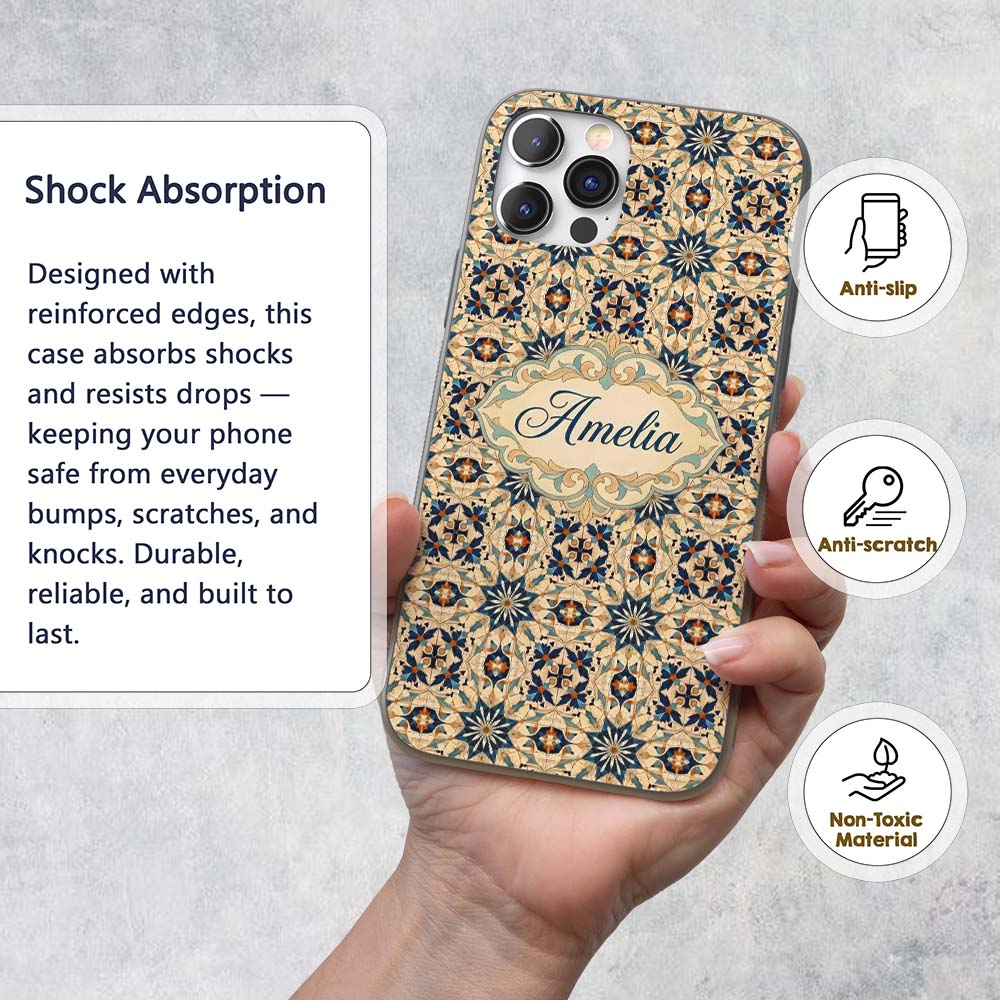 Intricate Moroccan Star Tile Blue Beige Pattern Custom Name Protective Phone Case Mobile Cover Durable Everyday Smartphone Shock Resistant