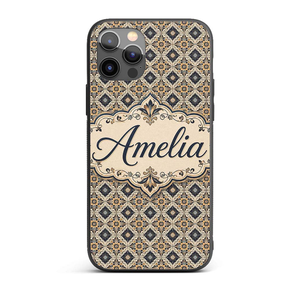 Classic Vintage Blue Gold Geometric Tile Seamless Custom Name Protective Phone Case Mobile Cover Durable Everyday Smartphone Shock Resistant