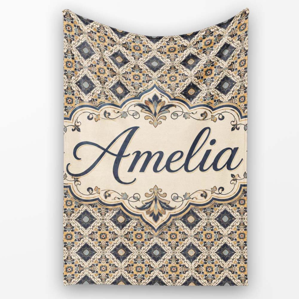 Classic Vintage Blue Gold Geometric Tile Seamless Pattern Custom Personalised Custom Name Super Soft Fleece Blanket Bed Sofa Throw