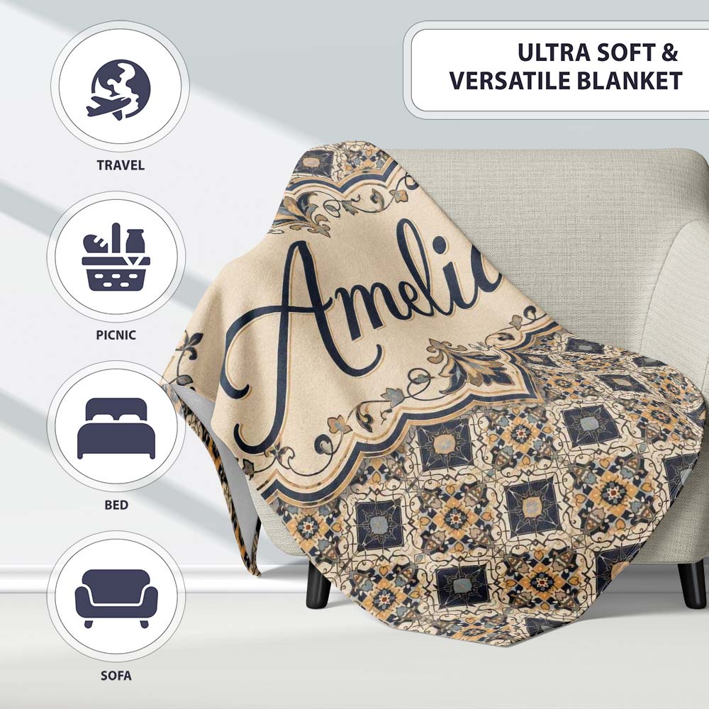 Classic Vintage Blue Gold Geometric Tile Seamless Pattern Custom Personalised Custom Name Super Soft Fleece Blanket Bed Sofa Throw