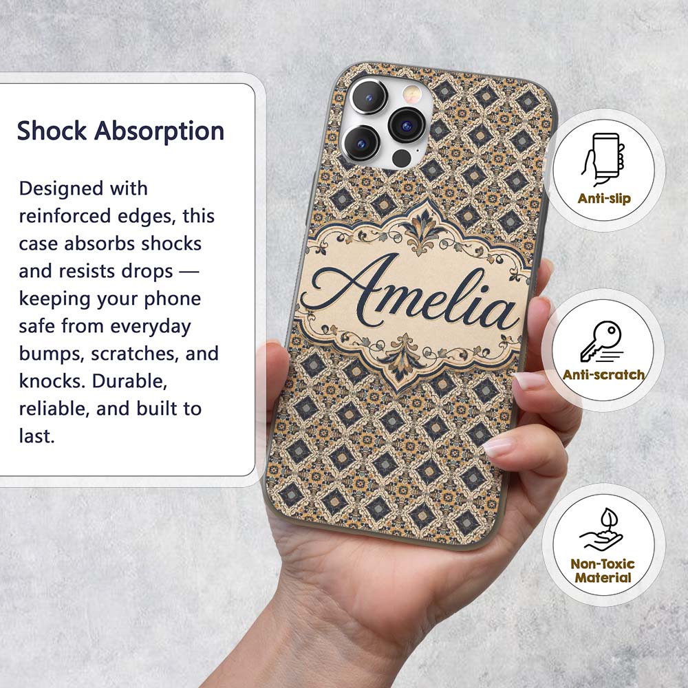 Classic Vintage Blue Gold Geometric Tile Seamless Custom Name Protective Phone Case Mobile Cover Durable Everyday Smartphone Shock Resistant