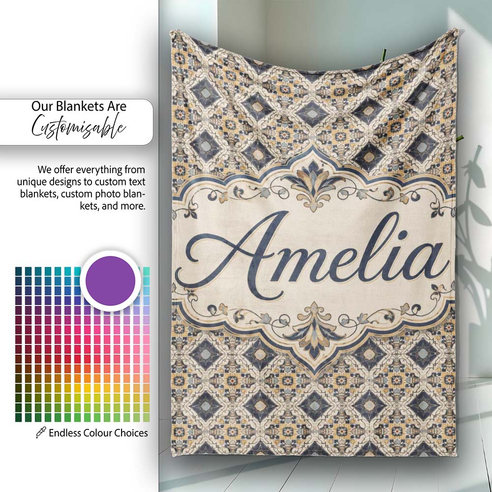 Classic Vintage Blue Gold Geometric Tile Seamless Pattern Custom Personalised Custom Name Super Soft Fleece Blanket Bed Sofa Throw