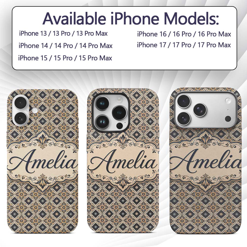 Classic Vintage Blue Gold Geometric Tile Seamless Custom Name Protective Phone Case Mobile Cover Durable Everyday Smartphone Shock Resistant