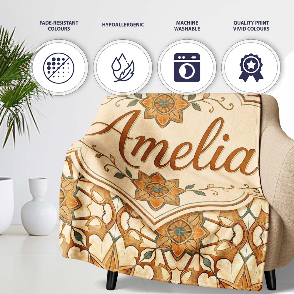 Elegant Orange Beige Star Tile Geometric Seamless Pattern Custom Personalised Custom Name Super Soft Fleece Blanket Bed Sofa Throw