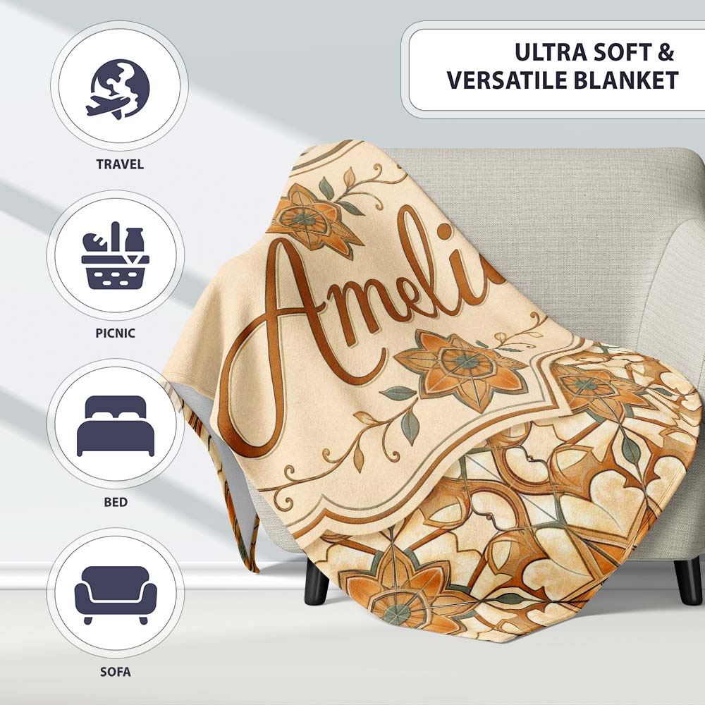 Elegant Orange Beige Star Tile Geometric Seamless Pattern Custom Personalised Custom Name Super Soft Fleece Blanket Bed Sofa Throw
