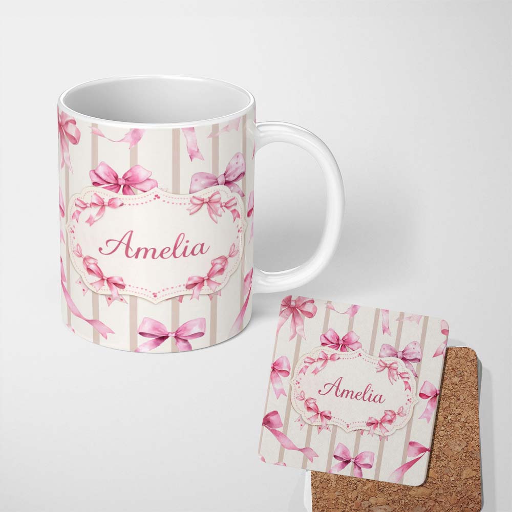 Personalized Custom Name Watercolor Pink Ribbon Bow with Neutral Beige Stripes Background 11oz Ceramic Coffee Tea Mug White Large Handle