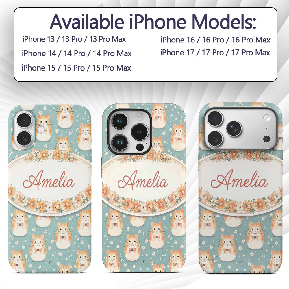 Cartoon Hamster Bow Tie Teal Seamless Pattern Custom Name Protective Phone Case Mobile Cover Durable Everyday Smartphone Shock Resistant