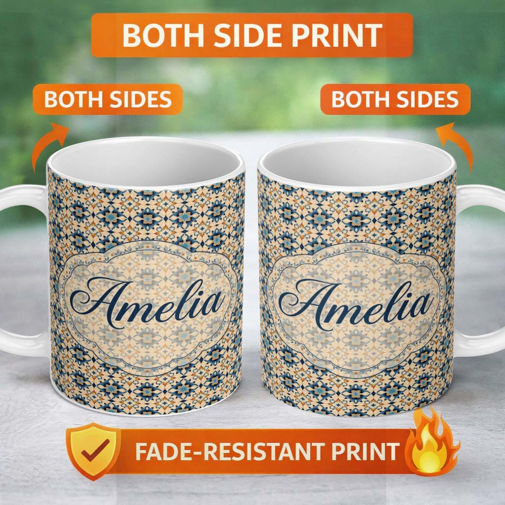 Personalized Custom Name Decorative Blue Floral Tile Pattern Beige Background Seamless Name 11oz Ceramic Coffee Tea Mug White Large Handle