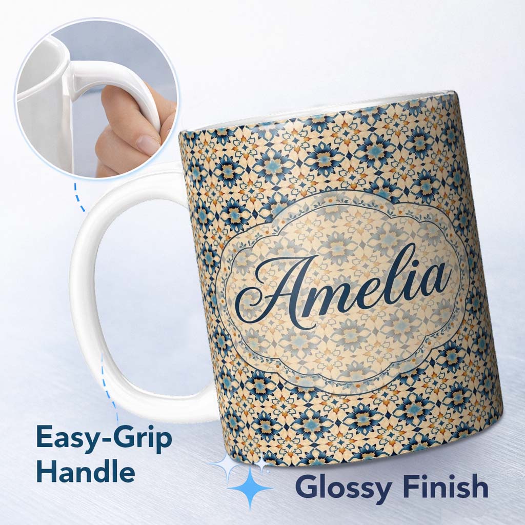 Personalized Custom Name Decorative Blue Floral Tile Pattern Beige Background Seamless Name 11oz Ceramic Coffee Tea Mug White Large Handle