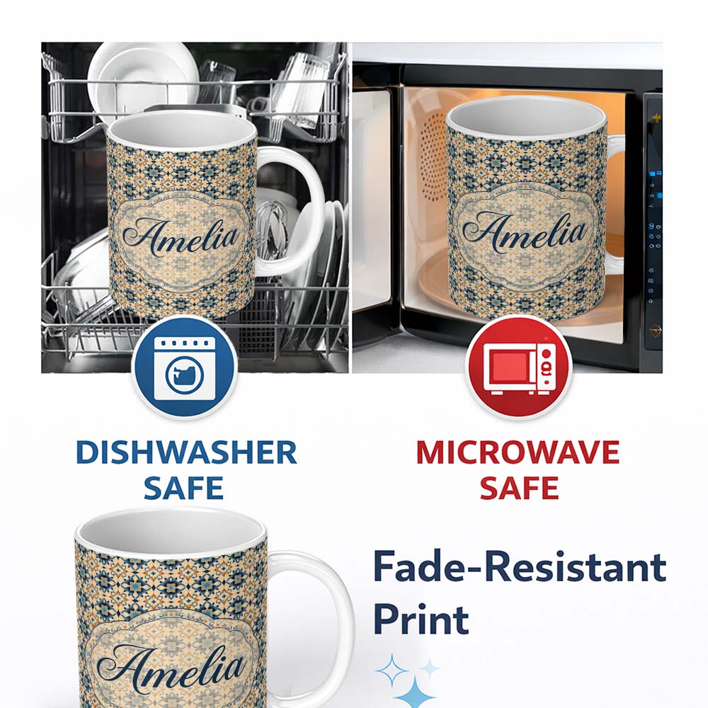 Personalized Custom Name Decorative Blue Floral Tile Pattern Beige Background Seamless Name 11oz Ceramic Coffee Tea Mug White Large Handle
