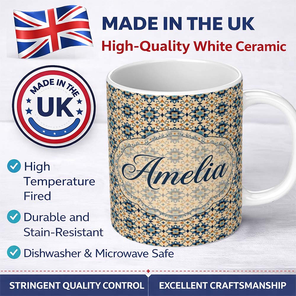 Personalized Custom Name Decorative Blue Floral Tile Pattern Beige Background Seamless Name 11oz Ceramic Coffee Tea Mug White Large Handle