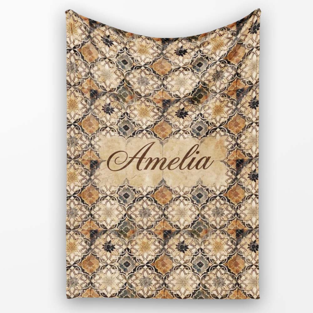 Vintage Beige Floral Geometric Tile Seamless Pattern Name Cute Personalised Custom Name Super Soft Fleece Blanket Bed Sofa Throw