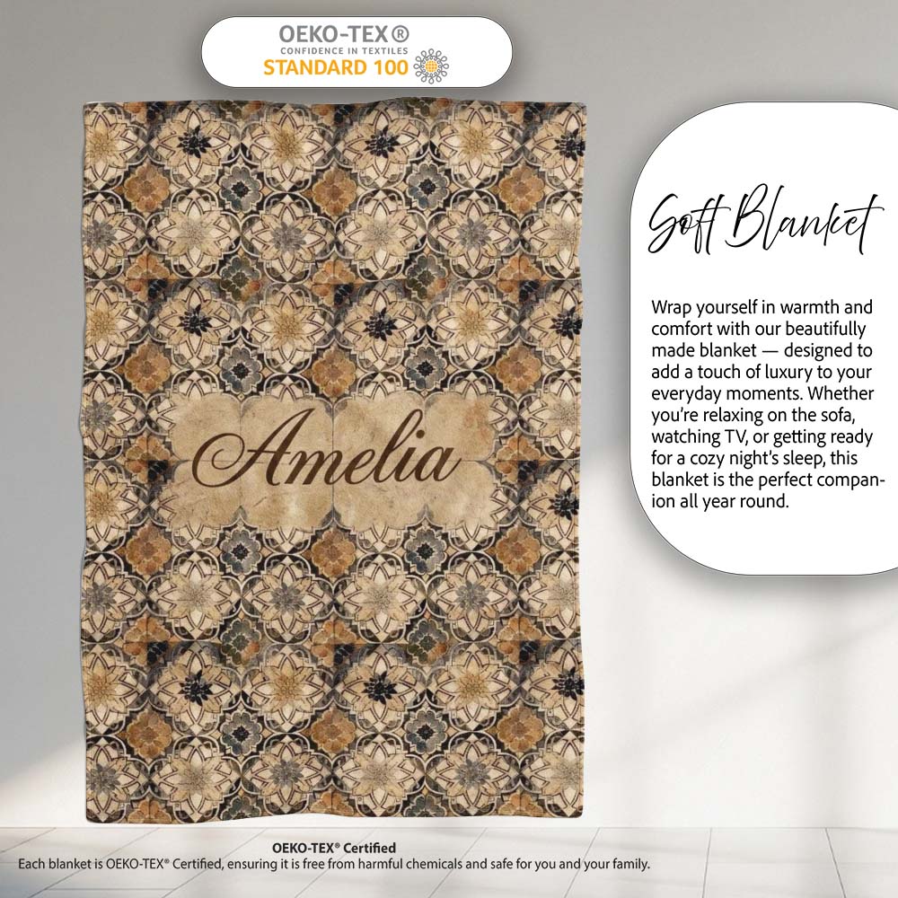Vintage Beige Floral Geometric Tile Seamless Pattern Name Cute Personalised Custom Name Super Soft Fleece Blanket Bed Sofa Throw