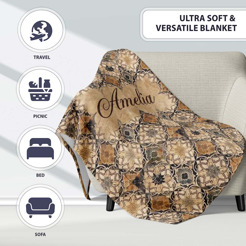 Vintage Beige Floral Geometric Tile Seamless Pattern Name Cute Personalised Custom Name Super Soft Fleece Blanket Bed Sofa Throw