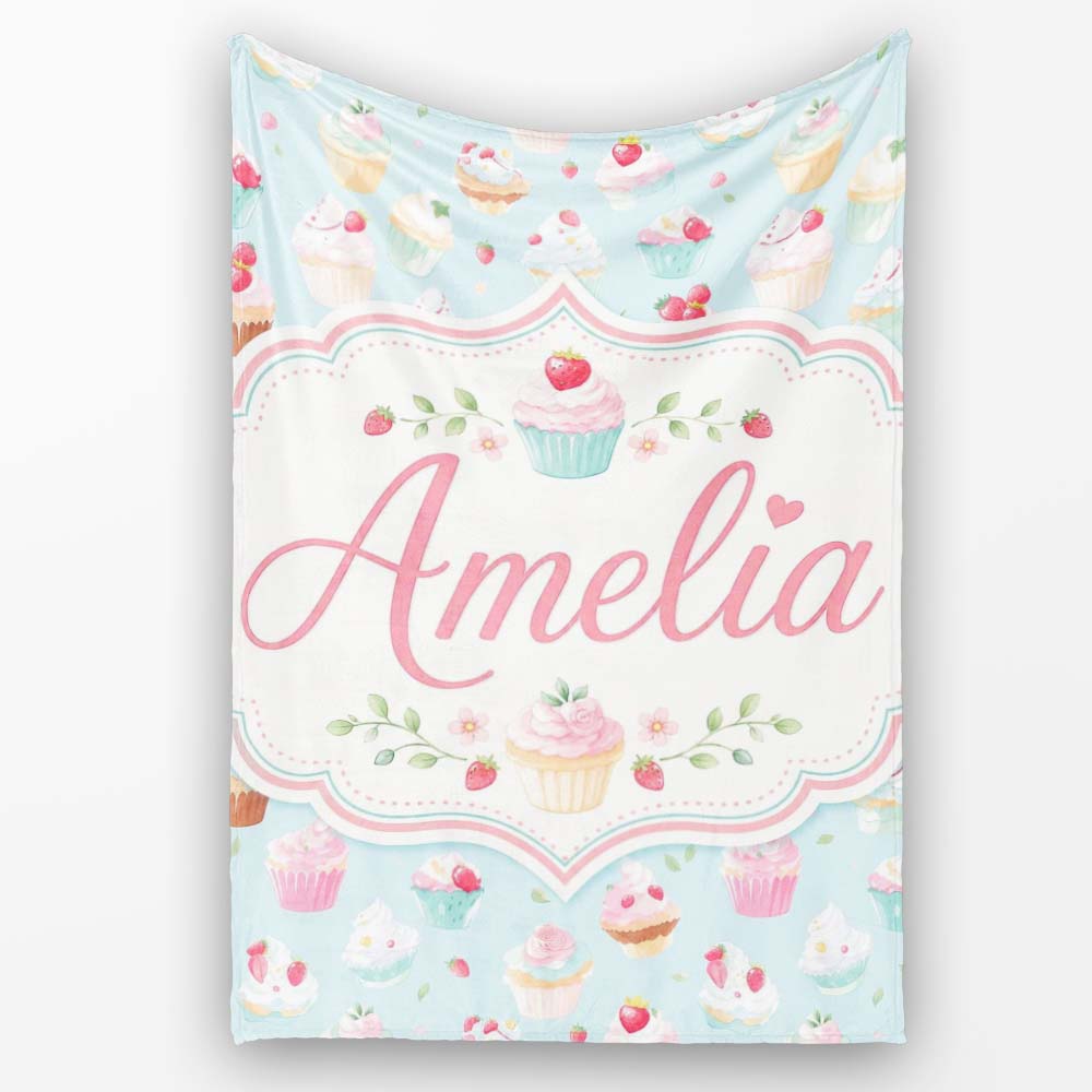 Pastel Cupcake Strawberry Dessert Blue Background Seamless Pattern Personalised Custom Name Super Soft Fleece Blanket Bed Sofa Throw