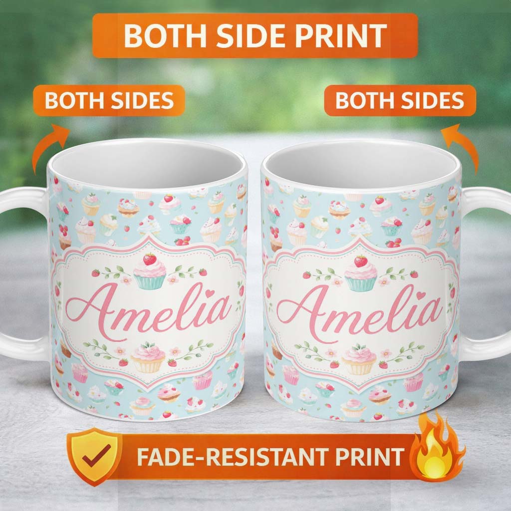 Personalized Custom Name Pastel Cupcake Strawberry Dessert Blue Background Seamless Pattern 11oz Ceramic Coffee Tea Mug White Large Handle