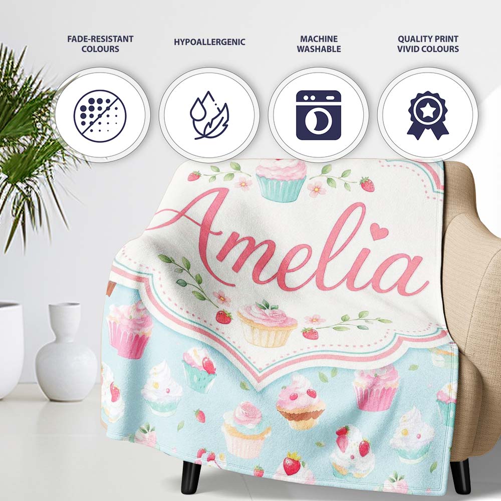 Pastel Cupcake Strawberry Dessert Blue Background Seamless Pattern Personalised Custom Name Super Soft Fleece Blanket Bed Sofa Throw