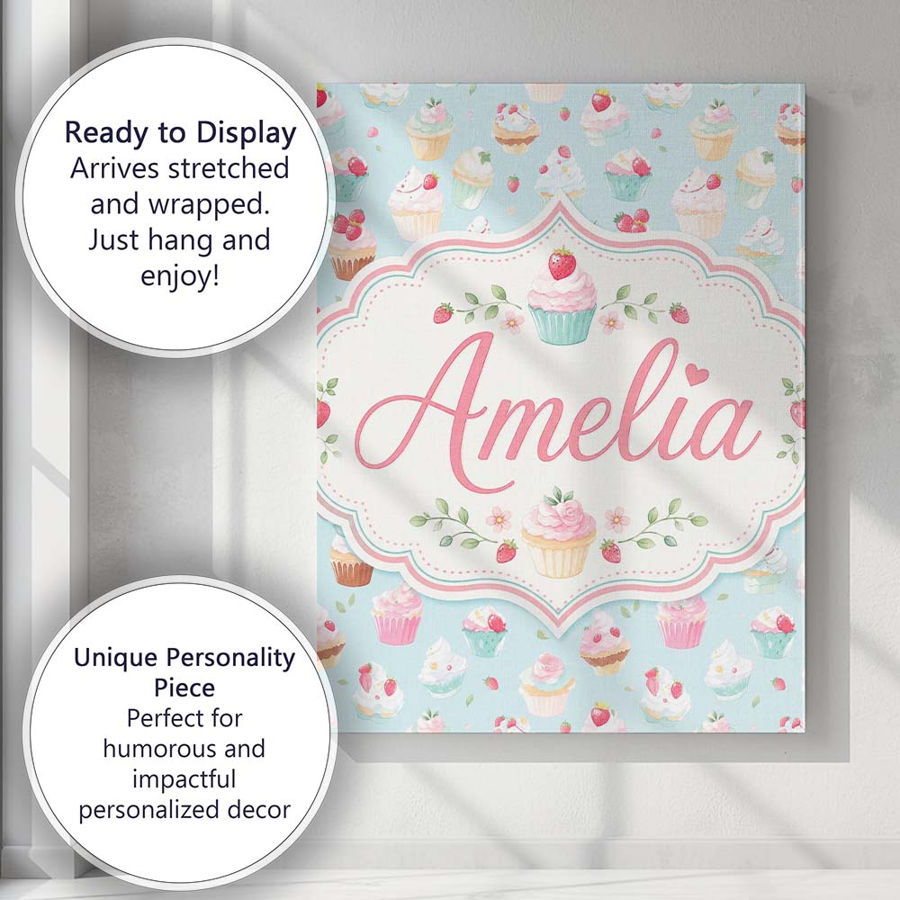 Personalised Name Pastel Cupcake Strawberry Custom Bespoke Interior Contemporary Canvas Wall Art Print Decor Picture Ready to Hang