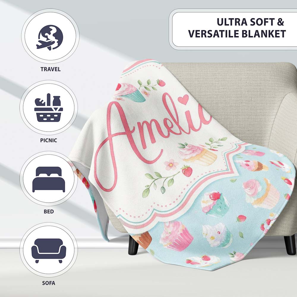 Pastel Cupcake Strawberry Dessert Blue Background Seamless Pattern Personalised Custom Name Super Soft Fleece Blanket Bed Sofa Throw