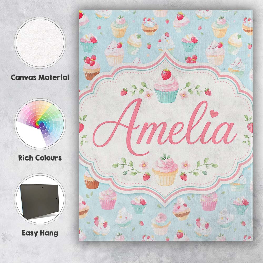 Personalised Name Pastel Cupcake Strawberry Custom Bespoke Interior Contemporary Canvas Wall Art Print Decor Picture Ready to Hang