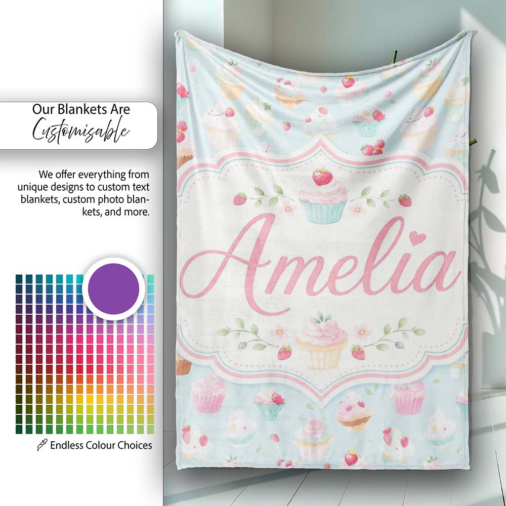 Pastel Cupcake Strawberry Dessert Blue Background Seamless Pattern Personalised Custom Name Super Soft Fleece Blanket Bed Sofa Throw