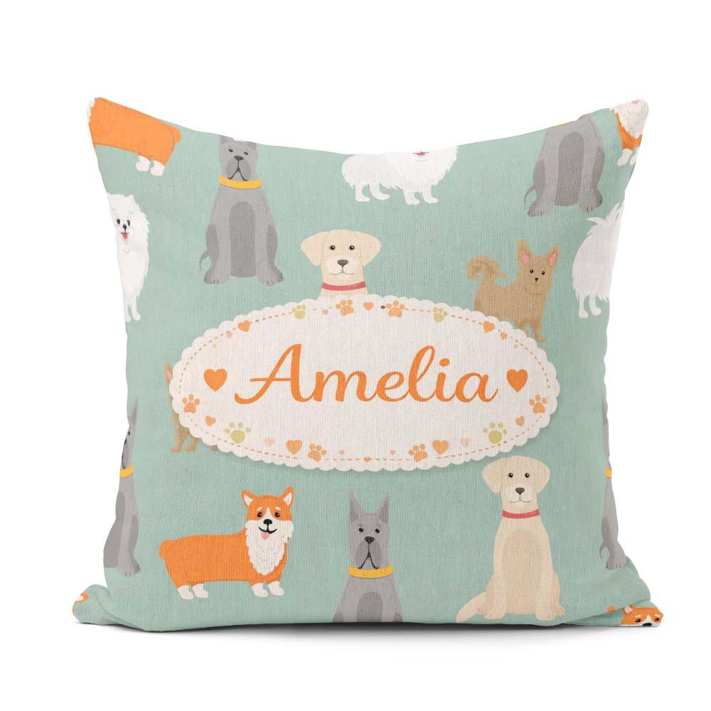 Custom Name Mixed Dog Breeds Cute Pets Green Background Seamless Square Filled Cushion Throw Pillow Sofa Bed Home Decor Zip Washable UK Made