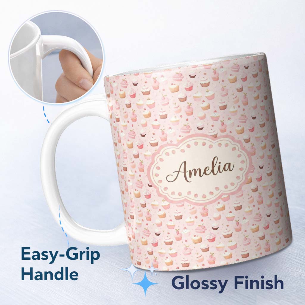 Personalized Custom Name Cute Pink Cupcake Dessert Seamless Pattern Soft Background Name 11oz Ceramic Coffee Tea Mug White Large Handle