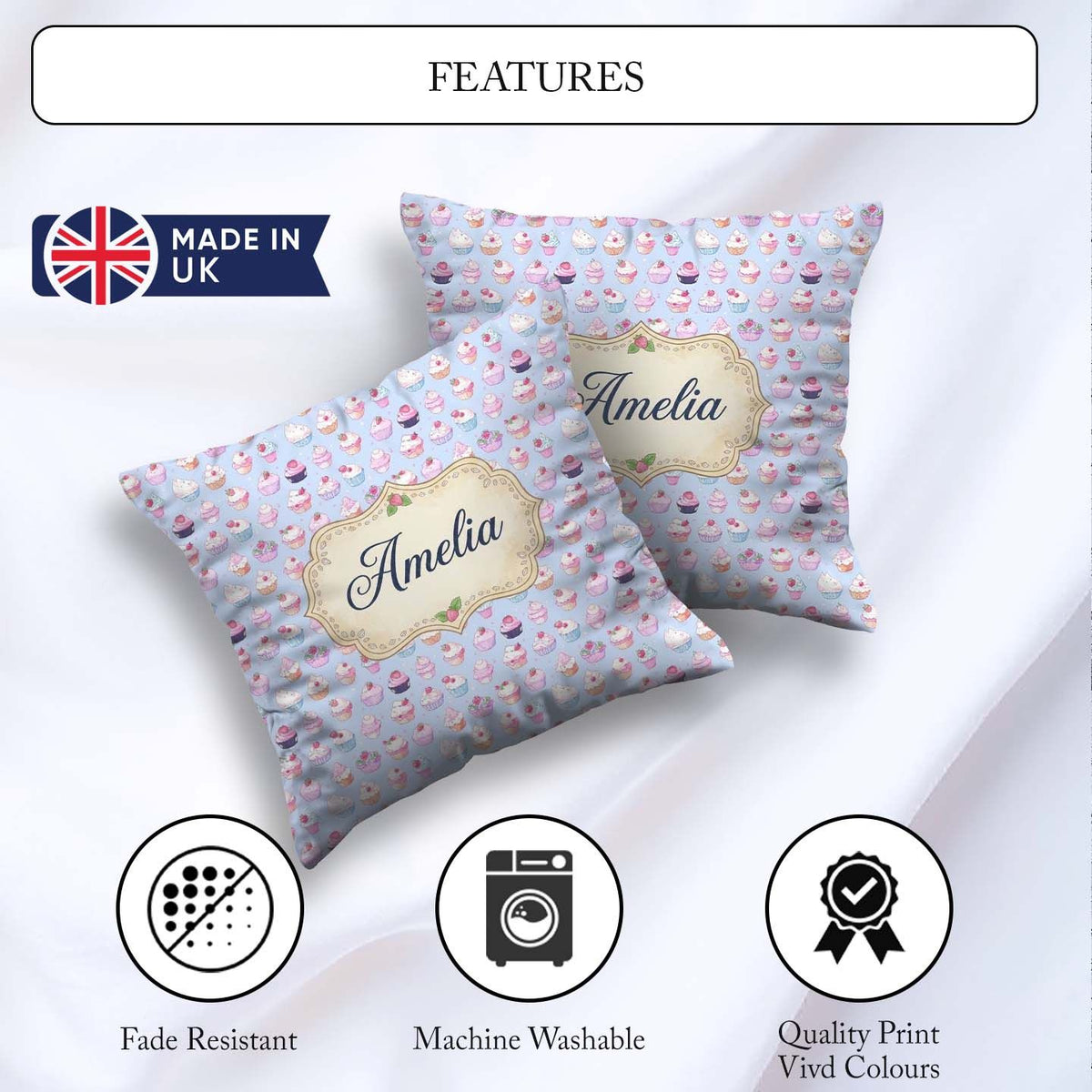 Custom Name Kawaii Cupcake Sweet Treats Blue Background Seamless Square Filled Cushion Throw Pillow Sofa Bed Home Decor Zip Washable UK Made