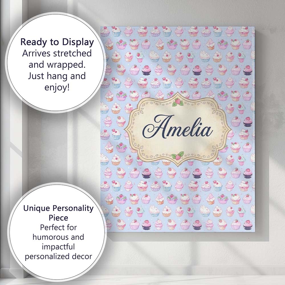 Personalised Name Kawaii Cupcake Sweet Custom Modern Room Accent Elegant Feature Canvas Wall Art Print Decor Picture Ready to Hang