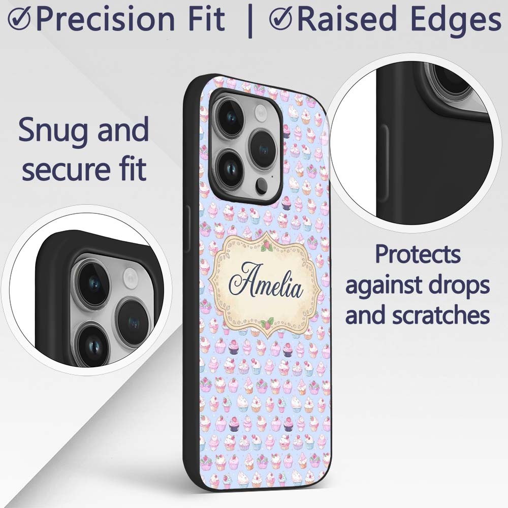 Kawaii Cupcake Sweet Treats Blue Printed Design Custom Name Protective Phone Case Mobile Cover Durable Everyday Smartphone Shock Resistant