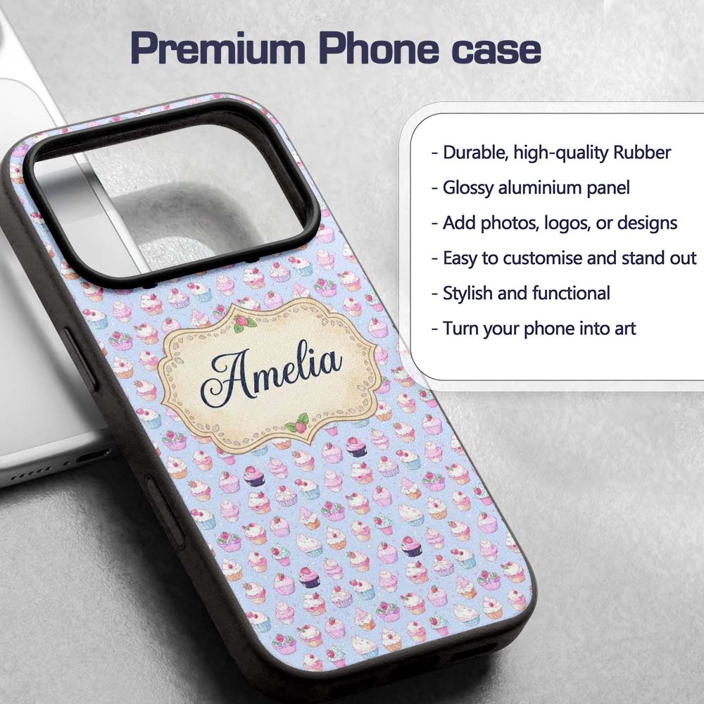 Kawaii Cupcake Sweet Treats Blue Printed Design Custom Name Protective Phone Case Mobile Cover Durable Everyday Smartphone Shock Resistant