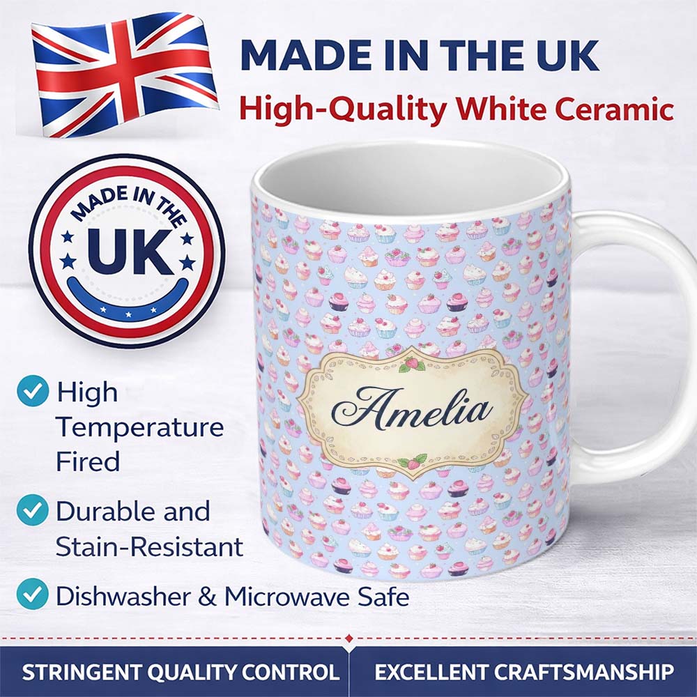 Personalized Custom Name Kawaii Cupcake Sweet Treats Blue Background Seamless Pattern Name 11oz Ceramic Coffee Tea Mug White Large Handle