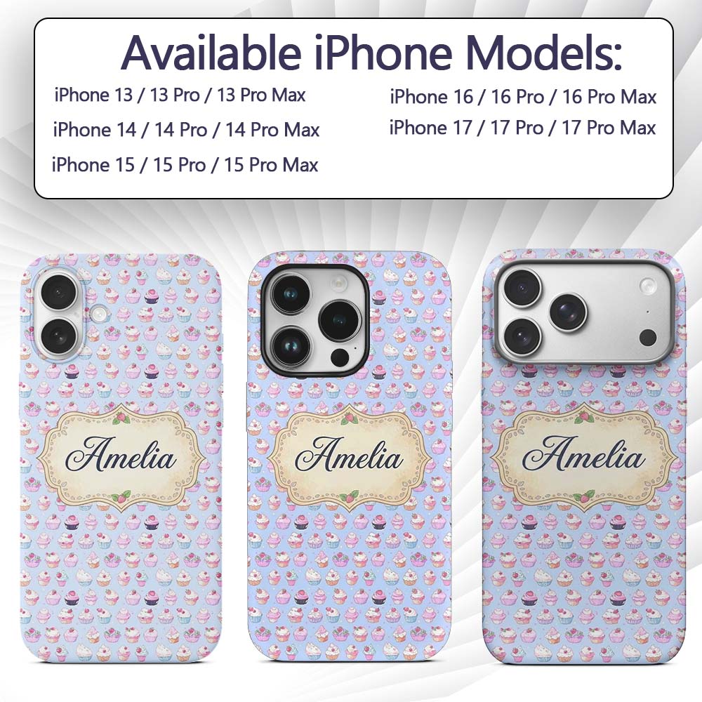 Kawaii Cupcake Sweet Treats Blue Printed Design Custom Name Protective Phone Case Mobile Cover Durable Everyday Smartphone Shock Resistant