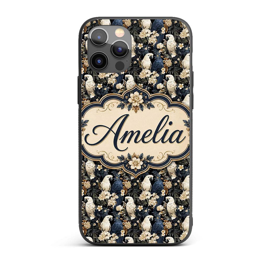 Elegant White Cockatoo Floral Dark Background Custom Name Protective Phone Case Mobile Cover Durable Everyday Smartphone Shock Resistant