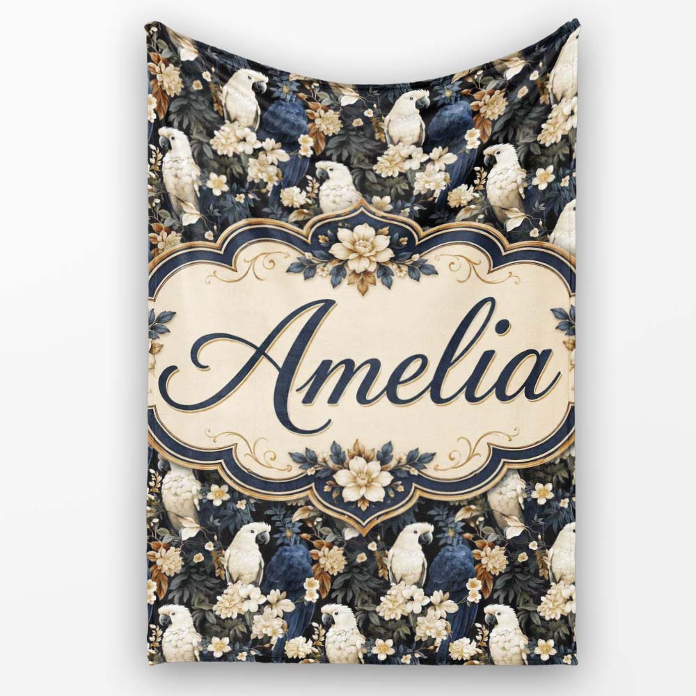 Elegant White Cockatoo Floral Dark Background Seamless Pattern Name Personalised Custom Name Super Soft Fleece Blanket Bed Sofa Throw