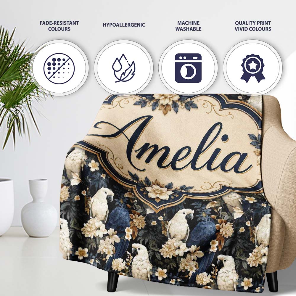 Elegant White Cockatoo Floral Dark Background Seamless Pattern Name Personalised Custom Name Super Soft Fleece Blanket Bed Sofa Throw