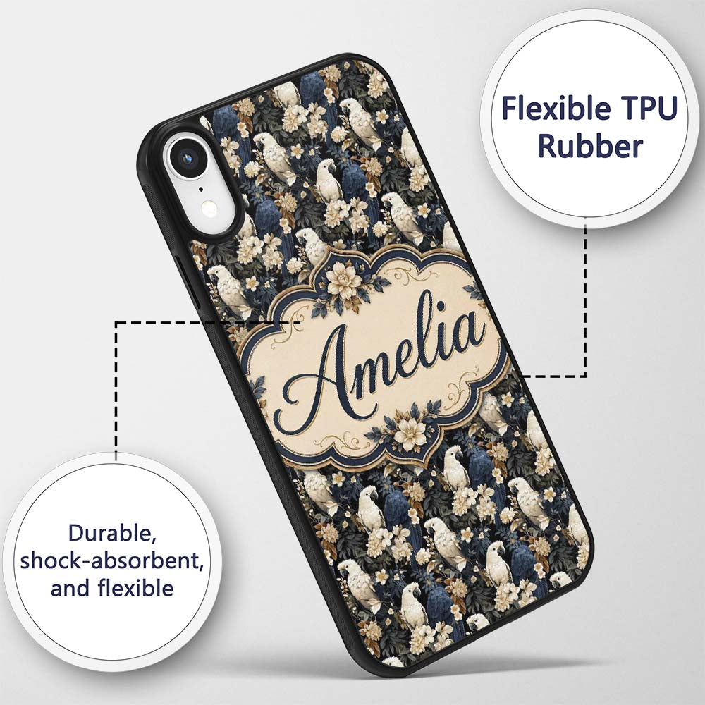 Elegant White Cockatoo Floral Dark Background Custom Name Protective Phone Case Mobile Cover Durable Everyday Smartphone Shock Resistant