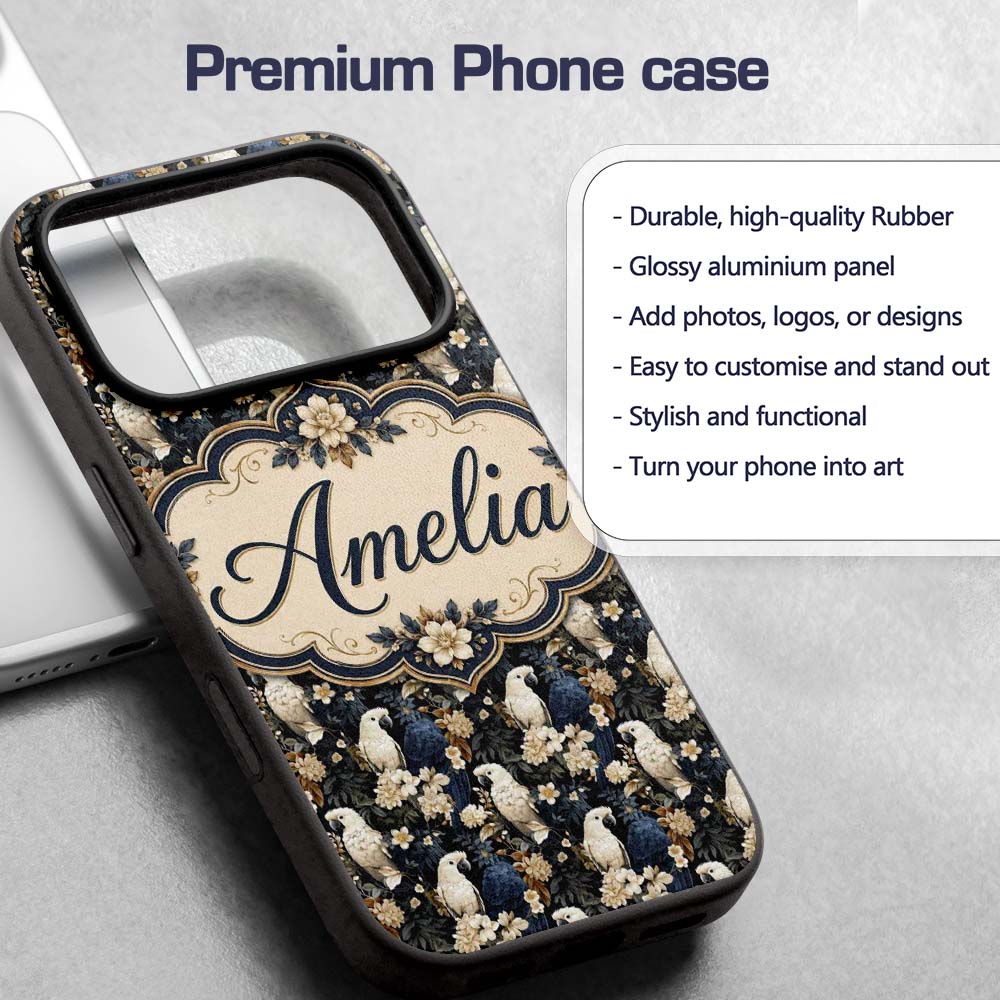 Elegant White Cockatoo Floral Dark Background Custom Name Protective Phone Case Mobile Cover Durable Everyday Smartphone Shock Resistant