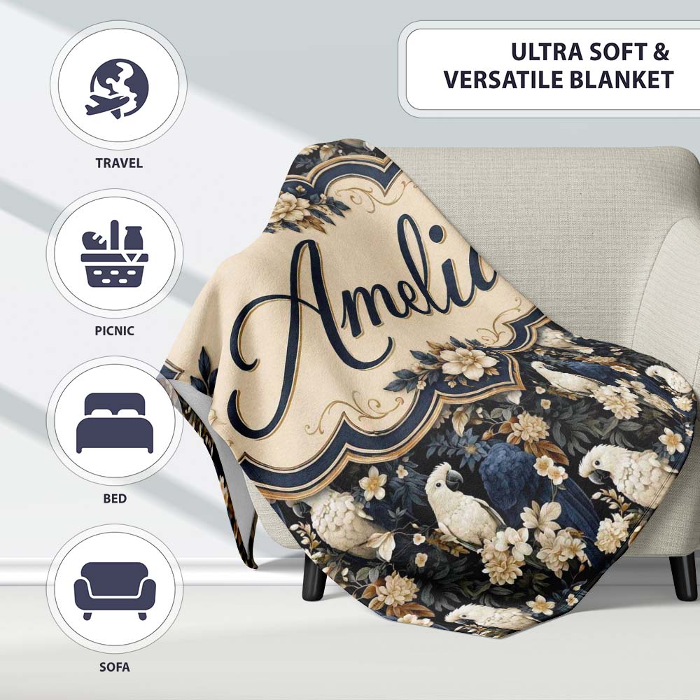 Elegant White Cockatoo Floral Dark Background Seamless Pattern Name Personalised Custom Name Super Soft Fleece Blanket Bed Sofa Throw