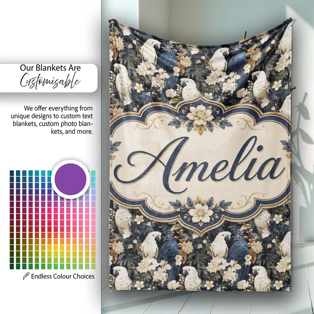 Elegant White Cockatoo Floral Dark Background Seamless Pattern Name Personalised Custom Name Super Soft Fleece Blanket Bed Sofa Throw