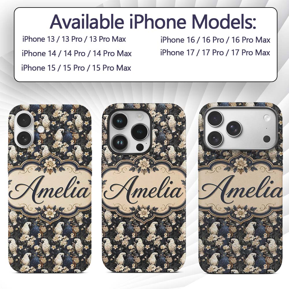 Elegant White Cockatoo Floral Dark Background Custom Name Protective Phone Case Mobile Cover Durable Everyday Smartphone Shock Resistant