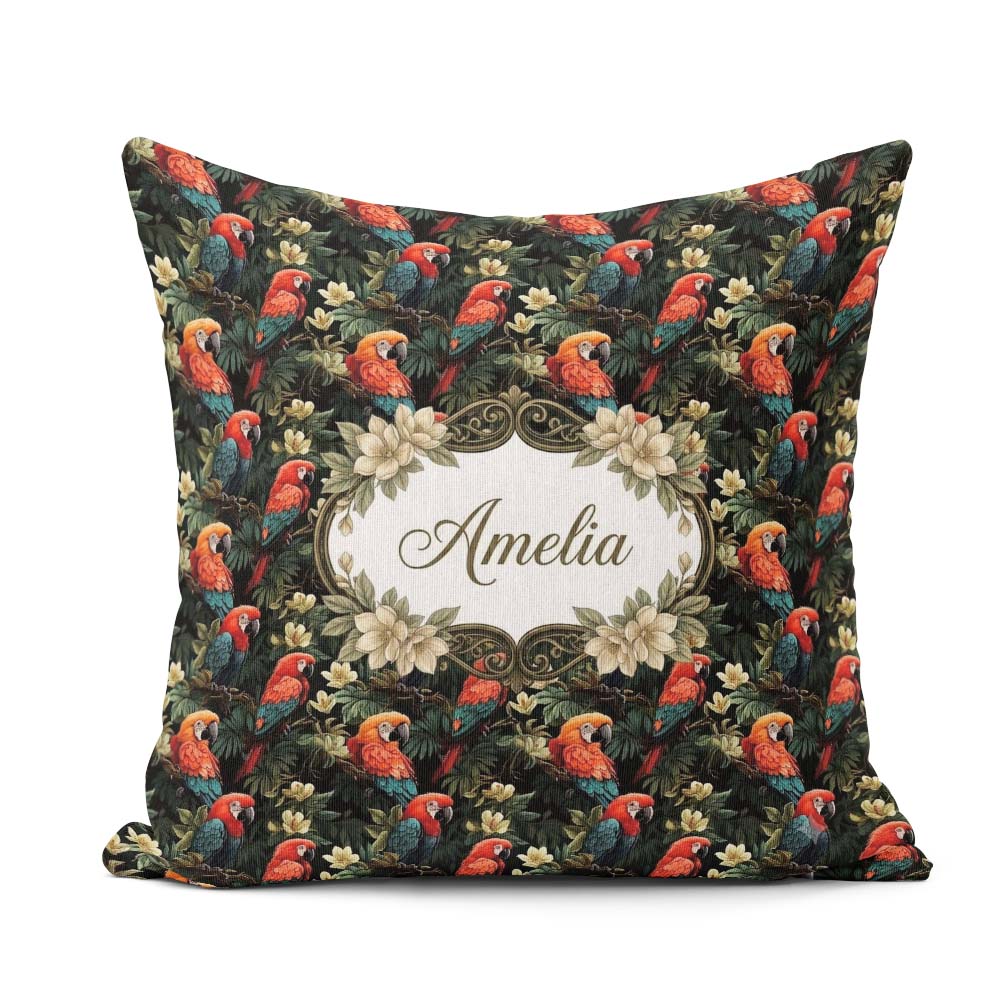 Custom Name Colorful Macaw Parrot Jungle Leaves Seamless Pattern Square Filled Cushion Throw Pillow Sofa Bed Home Decor Zip Washable UK Made