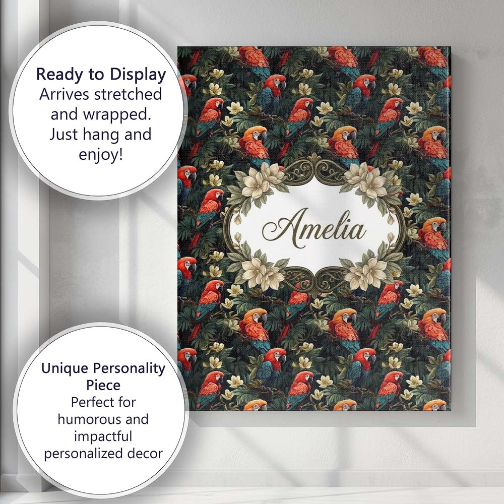 Personalised Name Colorful Macaw Parrot Custom Modern Room Accent Elegant Feature Canvas Wall Art Print Decor Picture Ready to Hang