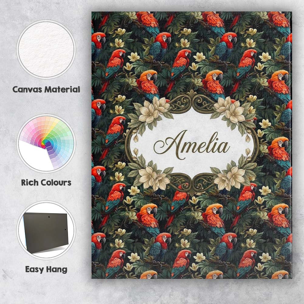 Personalised Name Colorful Macaw Parrot Custom Modern Room Accent Elegant Feature Canvas Wall Art Print Decor Picture Ready to Hang
